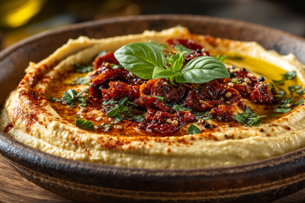 Этот хумус с вялеными томатами &mdash; средиземноморское солнце в тарелке. Кремовая текстура, дымная паприка и яркий акцент базилика